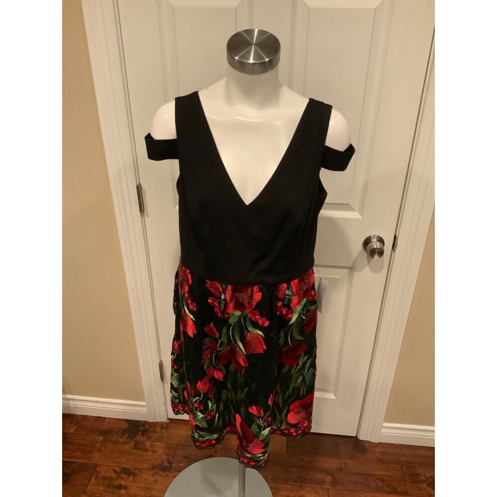 Aidan Mattox Black Floral Embroidered Mini Fit & Flare Dress, Size 12